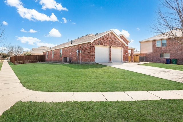 view of property exterior featuring driveway, brick siding, fence, and central air condition unit