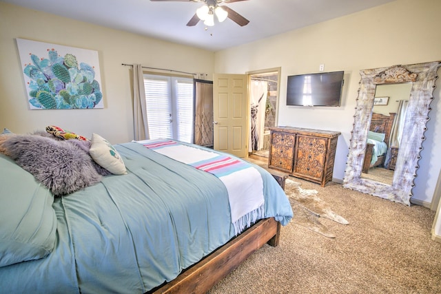 bedroom featuring light carpet, ceiling fan, and baseboards