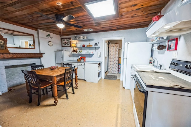 kitchen with electric range, under cabinet range hood, open shelves, a fireplace, and wood ceiling