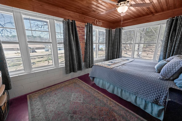 bedroom with a ceiling fan and wood ceiling