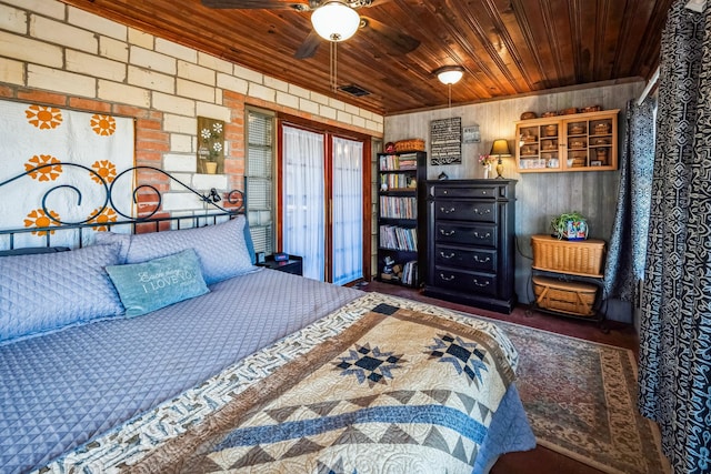 bedroom with visible vents, wood walls, wooden ceiling, and carpet