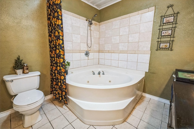 full bath featuring toilet, a combined bath / shower with jetted tub, crown molding, and tile patterned flooring