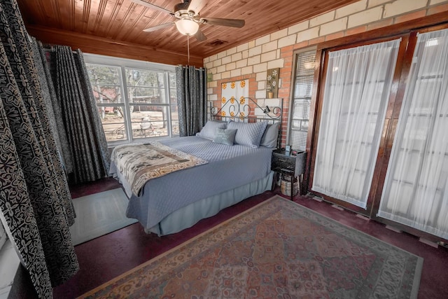 bedroom with wooden ceiling, a ceiling fan, and visible vents