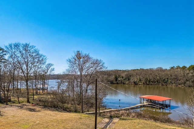 view of dock with a view of trees, boat lift, and a water view