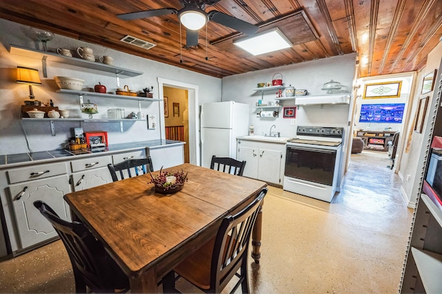 kitchen with wood ceiling, a ceiling fan, visible vents, open shelves, and white appliances