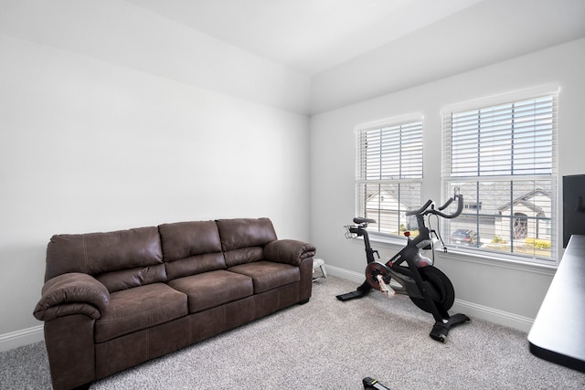 exercise area featuring carpet floors and baseboards