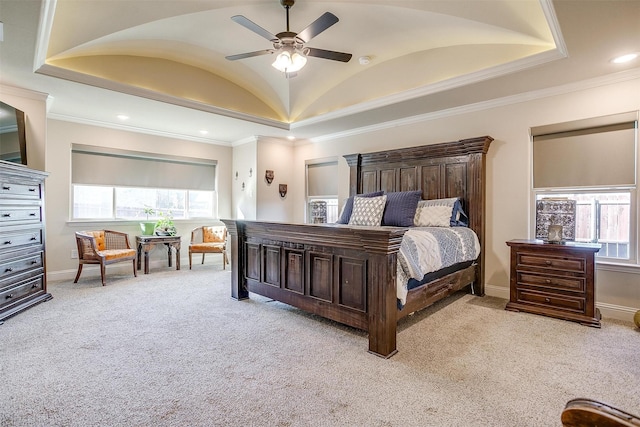 bedroom featuring carpet, baseboards, vaulted ceiling, and crown molding