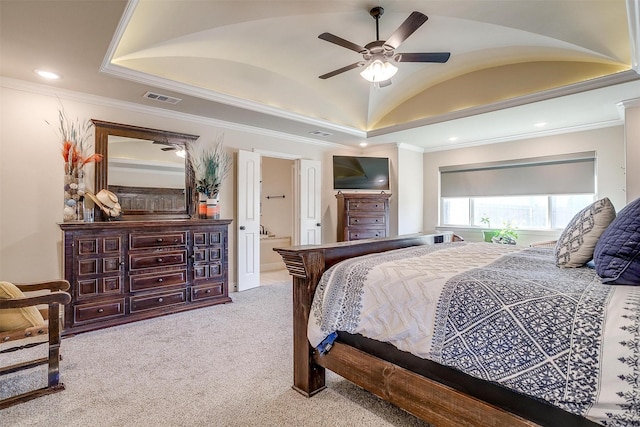 bedroom featuring visible vents, ornamental molding, vaulted ceiling, carpet floors, and recessed lighting