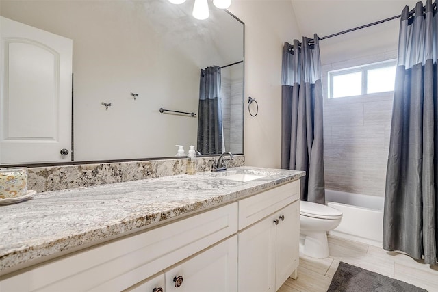 full bathroom with toilet, tile patterned flooring, shower / bath combination with curtain, and vanity