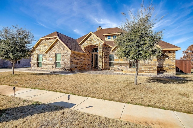 view of front of home with stone siding, a chimney, a front lawn, and brick siding