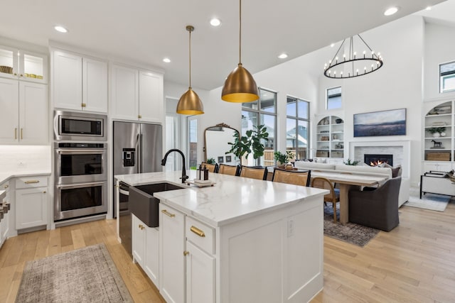 kitchen with light wood finished floors, a lit fireplace, appliances with stainless steel finishes, and a sink