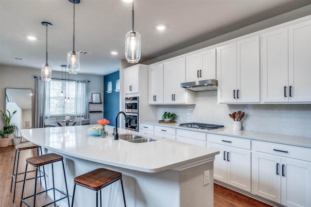 2064 Olivereta Dr, Little Elm, TX 75068 - kitchen with stainless steel appliances, a sink, under cabinet range hood, dark wood finished floors, and a kitchen island with sink