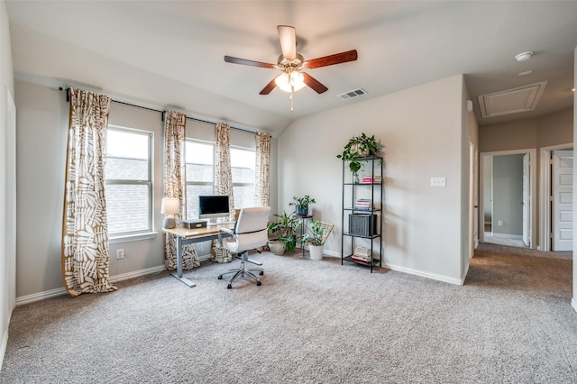 2064 Olivereta Dr, Little Elm, TX 75068 - carpeted office space with a ceiling fan, baseboards, and attic access