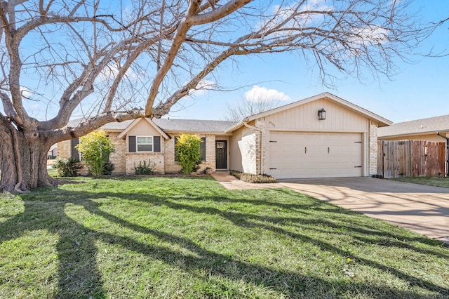 ranch-style house with a garage, concrete driveway, brick siding, and fence