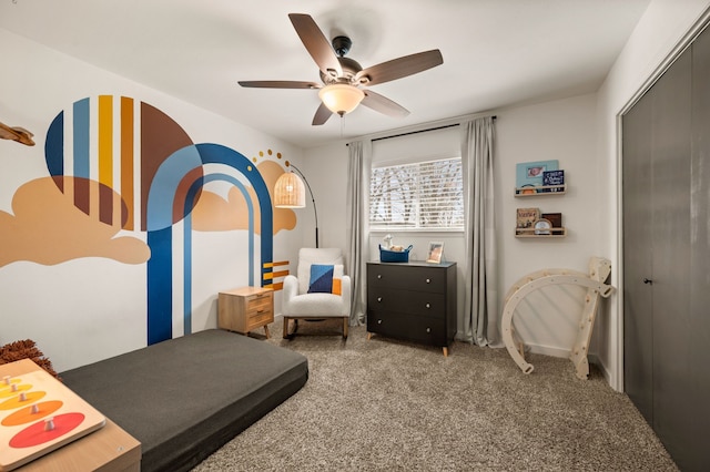 bedroom featuring carpet flooring and ceiling fan