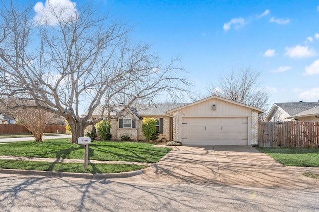 ranch-style house featuring concrete driveway, brick siding, fence, and a front lawn