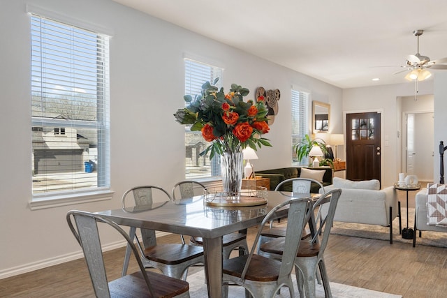 dining space with ceiling fan, wood finished floors, and baseboards