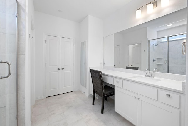 full bathroom featuring a closet, a shower stall, and vanity