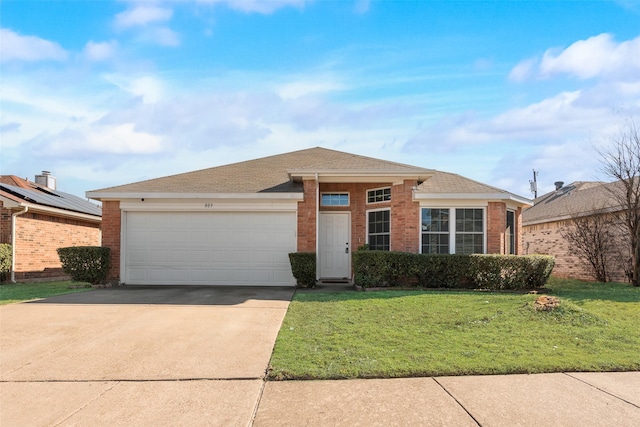 view of front facade featuring an attached garage, brick siding, concrete driveway, roof with shingles, and a front yard