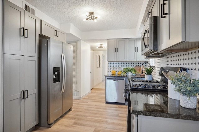 kitchen featuring light wood finished floors, appliances with stainless steel finishes, a textured ceiling, gray cabinetry, and backsplash