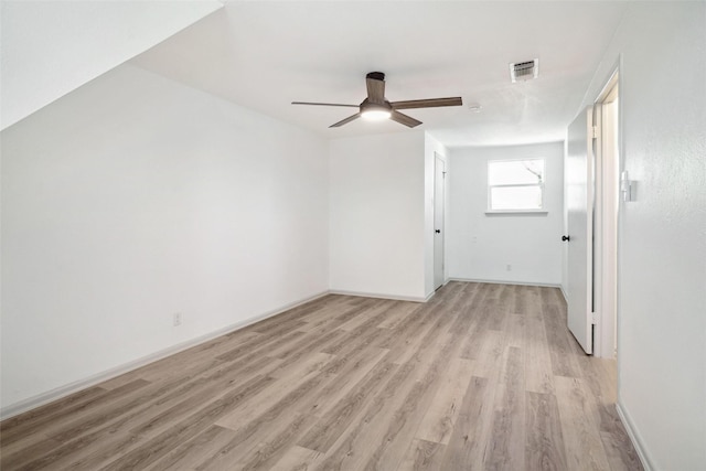 interior space with light wood finished floors, baseboards, visible vents, and a ceiling fan