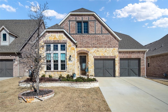 view of front of house featuring a garage, a shingled roof, brick siding, driveway, and stone siding