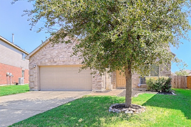 obstructed view of property with driveway, brick siding, an attached garage, and fence