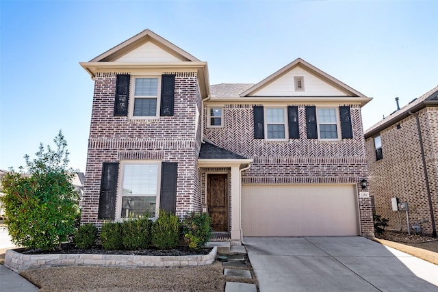 traditional-style home featuring an attached garage, roof with shingles, concrete driveway, and brick siding