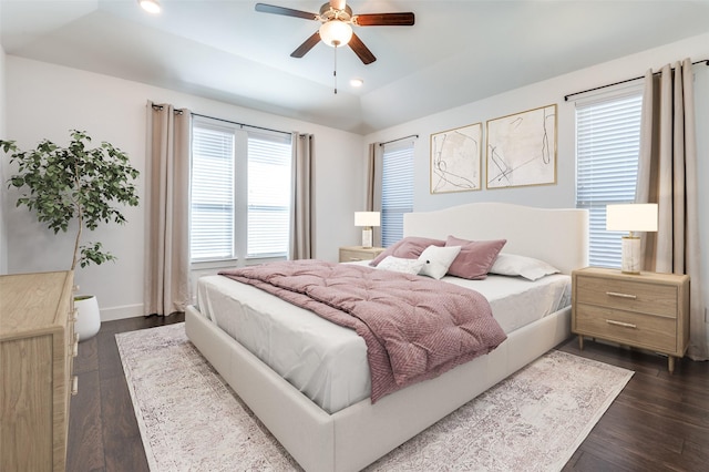 bedroom with lofted ceiling, recessed lighting, a ceiling fan, baseboards, and dark wood-style floors