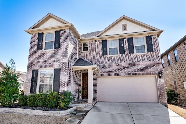 traditional-style home with driveway, brick siding, and an attached garage