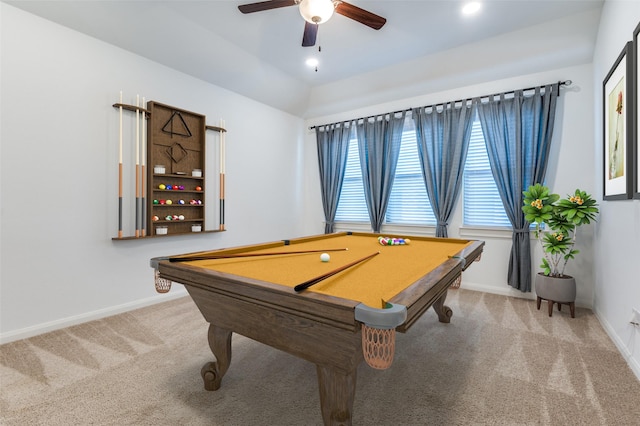 game room with carpet, pool table, ceiling fan, and baseboards