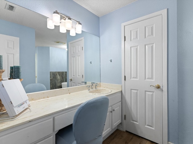 bathroom with visible vents, a textured ceiling, vanity, and wood finished floors