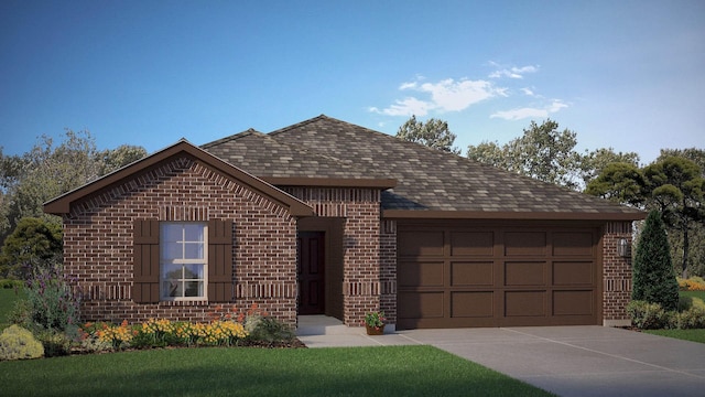 ranch-style home with a garage, concrete driveway, brick siding, and a shingled roof