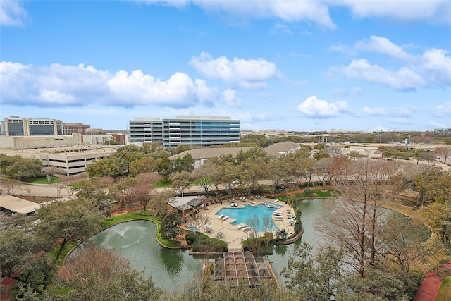 aerial view featuring a water view and a city view