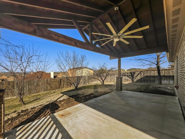 view of patio / terrace with ceiling fan and a fenced backyard