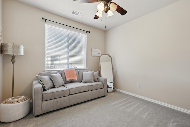 10112 Parkcrest Ct, Denton, TX 76207 - living area with carpet floors, a ceiling fan, baseboards, and visible vents