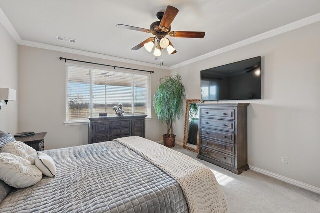 10112 Parkcrest Ct, Denton, TX 76207 - bedroom with baseboards, ornamental molding, a ceiling fan, and light carpet