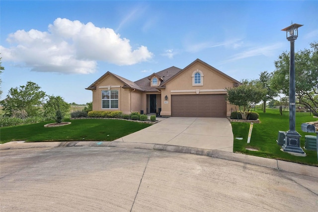 10112 Parkcrest Ct, Denton, TX 76207 - ranch-style home with an attached garage, driveway, a front yard, and stucco siding