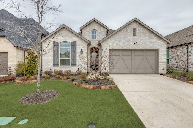 french provincial home with concrete driveway, brick siding, an attached garage, and a front yard