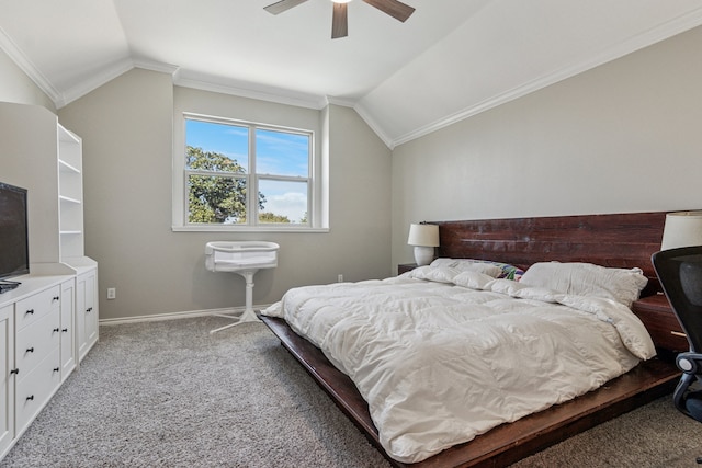 5505 Lomita Cir, Plano, TX 75023 - bedroom with light carpet, vaulted ceiling, ceiling fan, crown molding, and baseboards