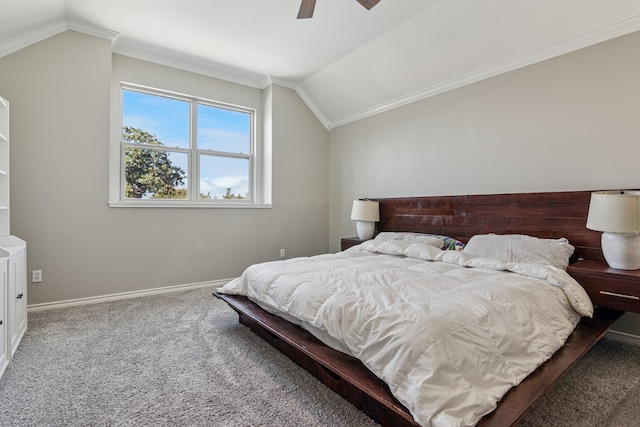 5505 Lomita Cir, Plano, TX 75023 - carpeted bedroom with vaulted ceiling, ornamental molding, baseboards, and ceiling fan