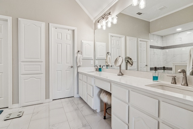 5505 Lomita Cir, Plano, TX 75023 - bathroom with ornamental molding, double vanity, a walk in shower, and marble look tile flooring