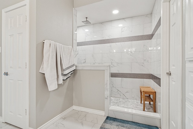 5505 Lomita Cir, Plano, TX 75023 - bathroom featuring marble finish floors, baseboards, walk in shower, and recessed lighting