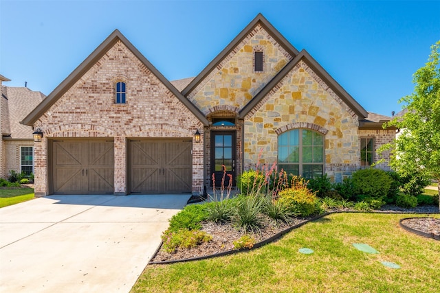 french country home featuring a garage, a front lawn, concrete driveway, and brick siding