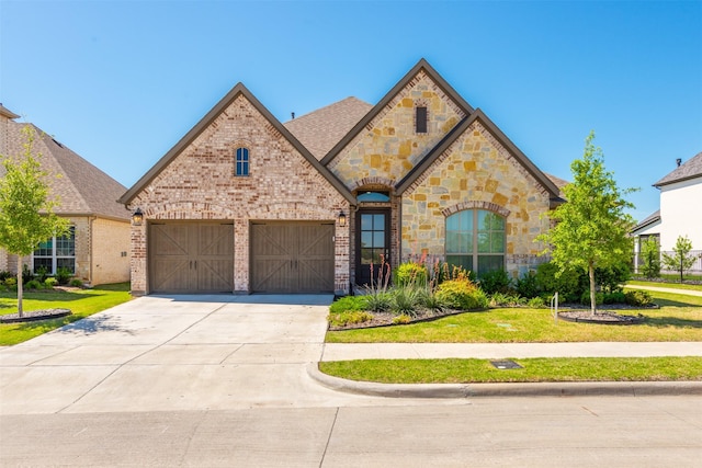 french country home featuring driveway, brick siding, a garage, and a front yard