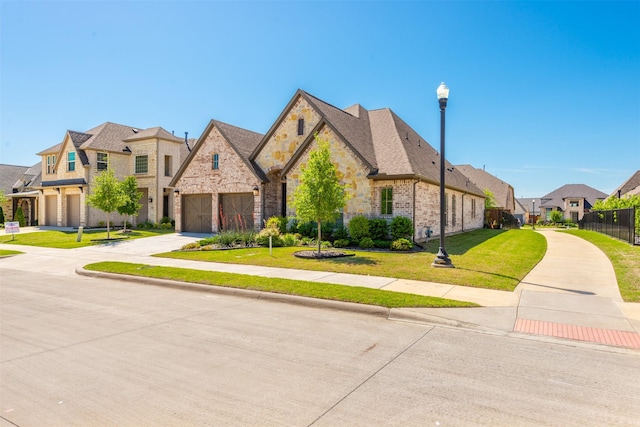 french country style house with fence, a residential view, stone siding, driveway, and a front lawn