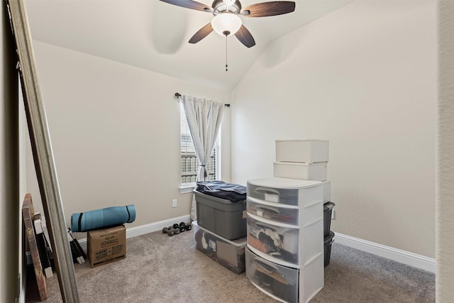 miscellaneous room with lofted ceiling, ceiling fan, baseboards, and carpet flooring