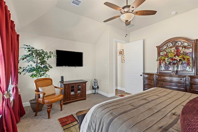 carpeted bedroom featuring a ceiling fan, lofted ceiling, visible vents, and baseboards