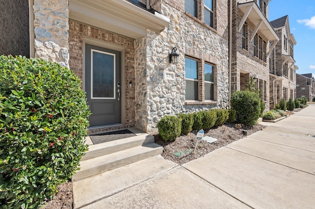 property entrance with stone siding