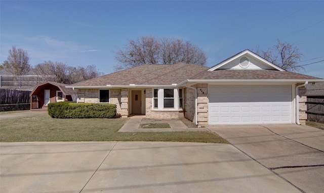 single story home with concrete driveway, roof with shingles, an attached garage, a front lawn, and brick siding